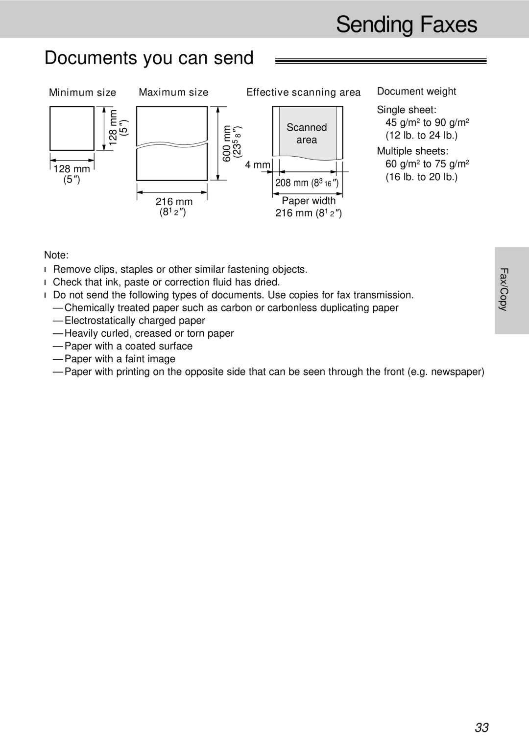 Panasonic KX-FT21HK operating instructions Documents you can send, Maximum size, Effective scanning area Document weight 