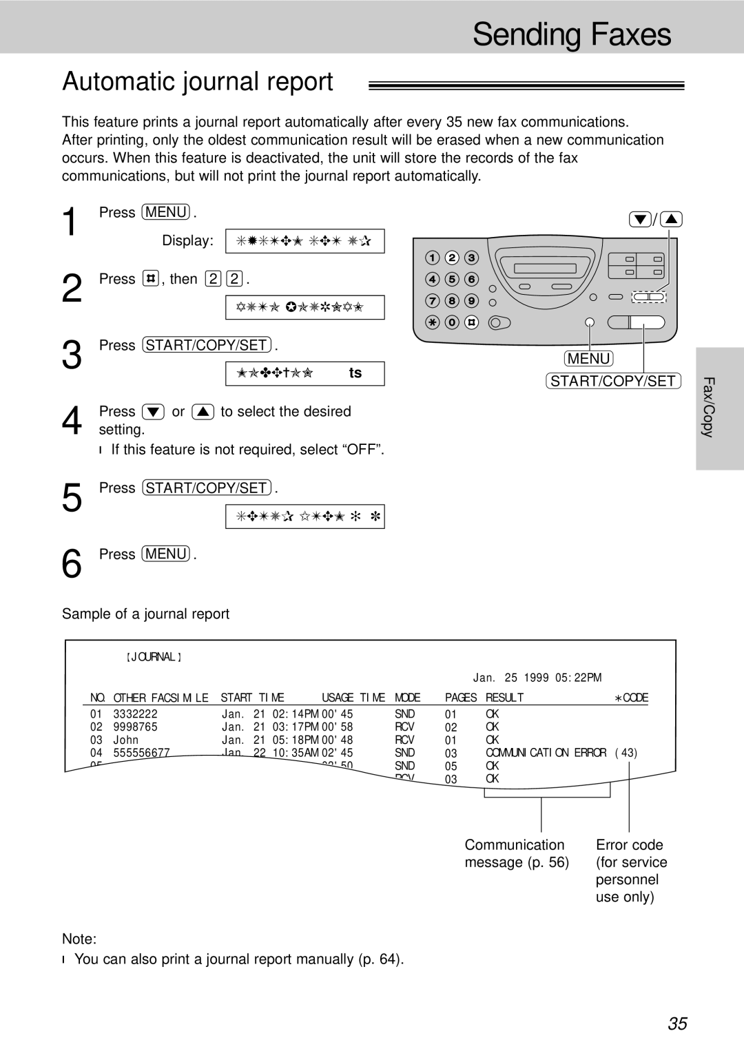 Panasonic KX-FT21HK operating instructions Automatic journal report, Sample of a journal report 