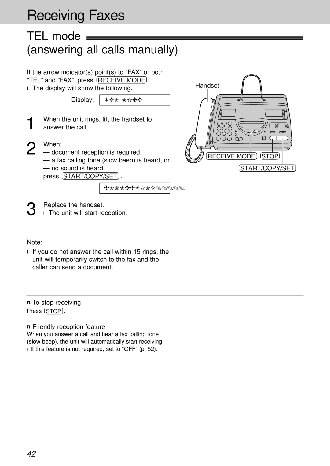 Panasonic KX-FT21HK TEL mode Answering all calls manually, Receive Mode Stop START/COPY/SET, To stop receiving 