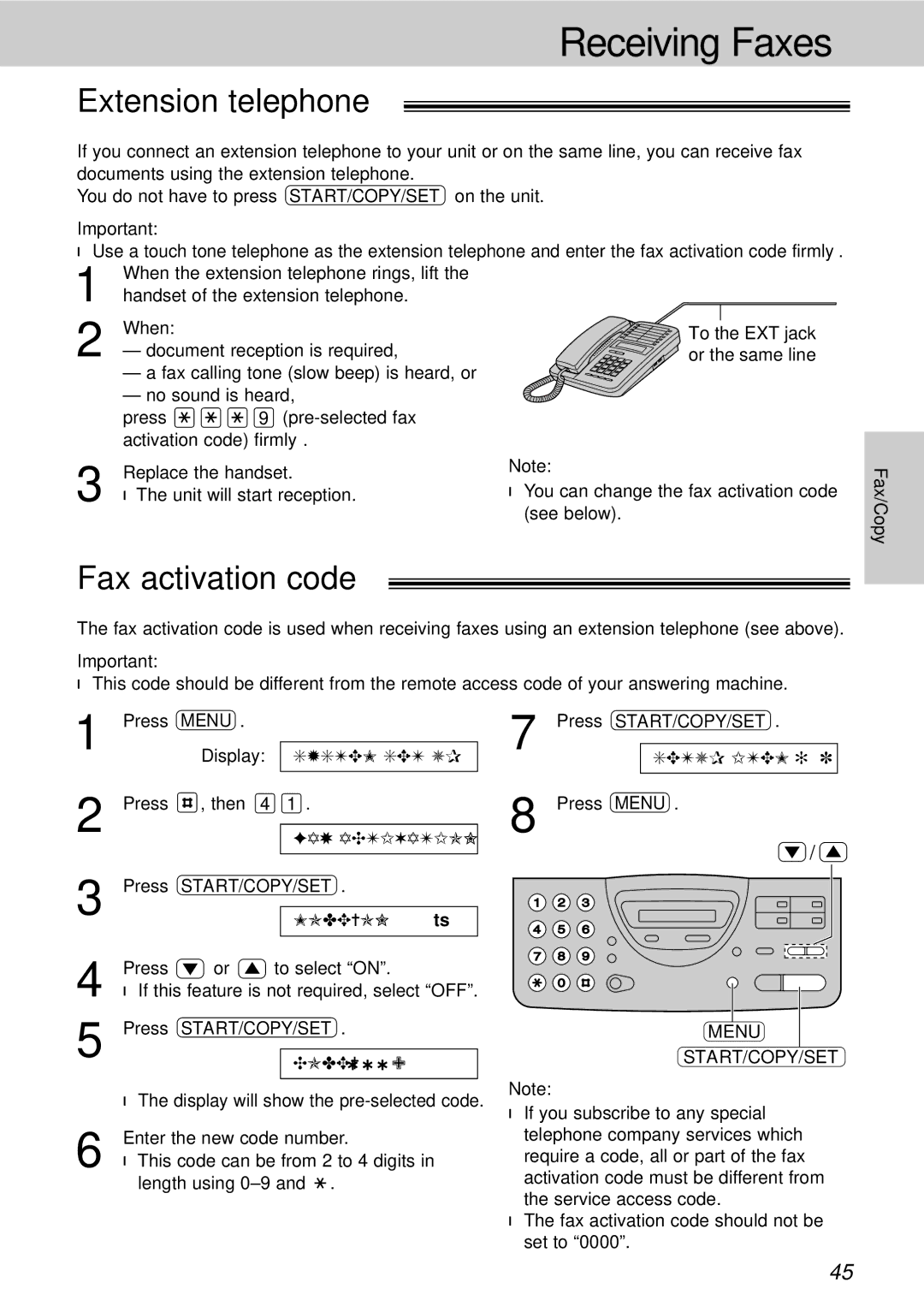 Panasonic KX-FT21HK operating instructions Extension telephone, Fax activation code 