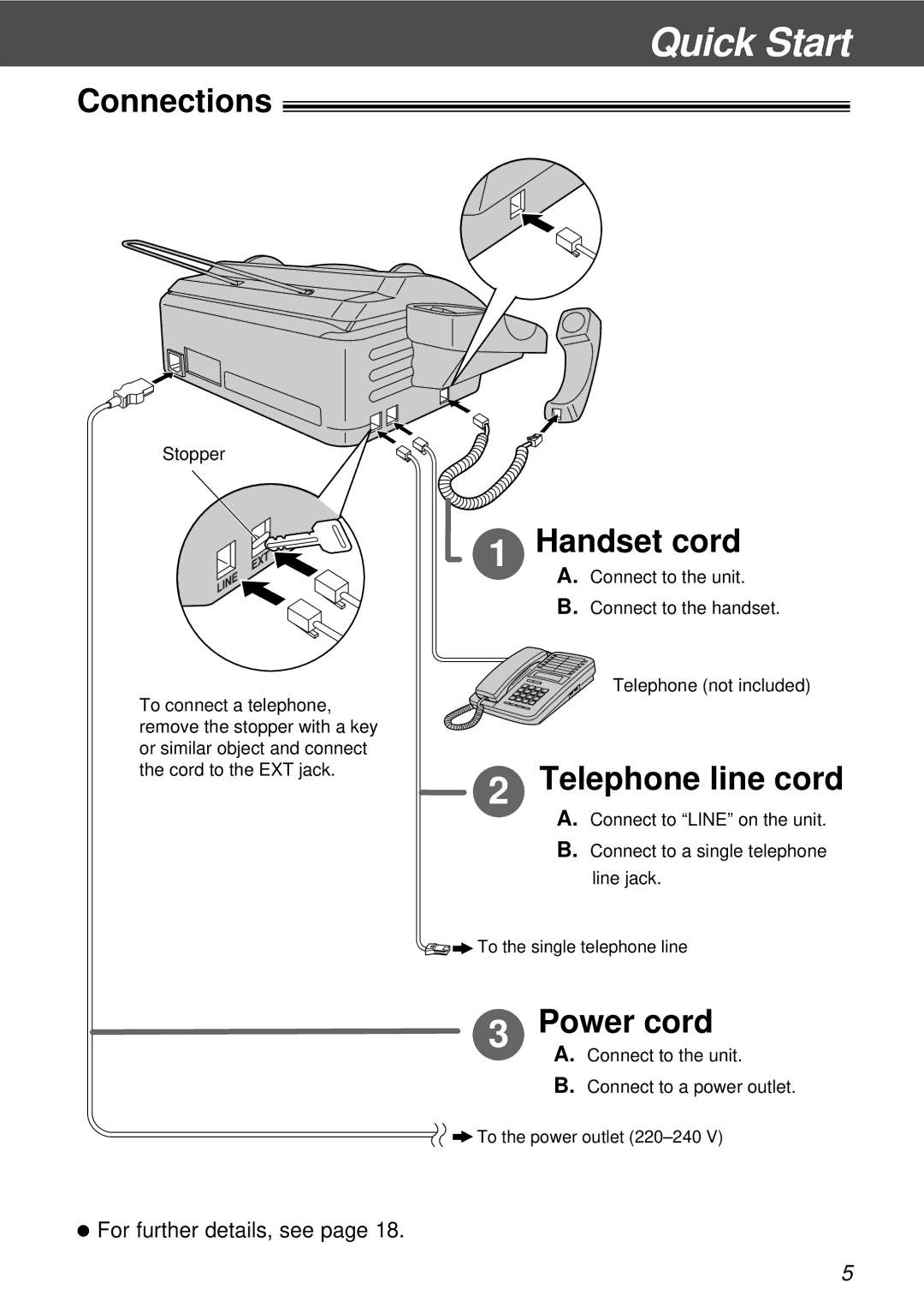 Panasonic KX-FT21HK operating instructions Connections, Handset cord, Telephone line cord, Power cord 