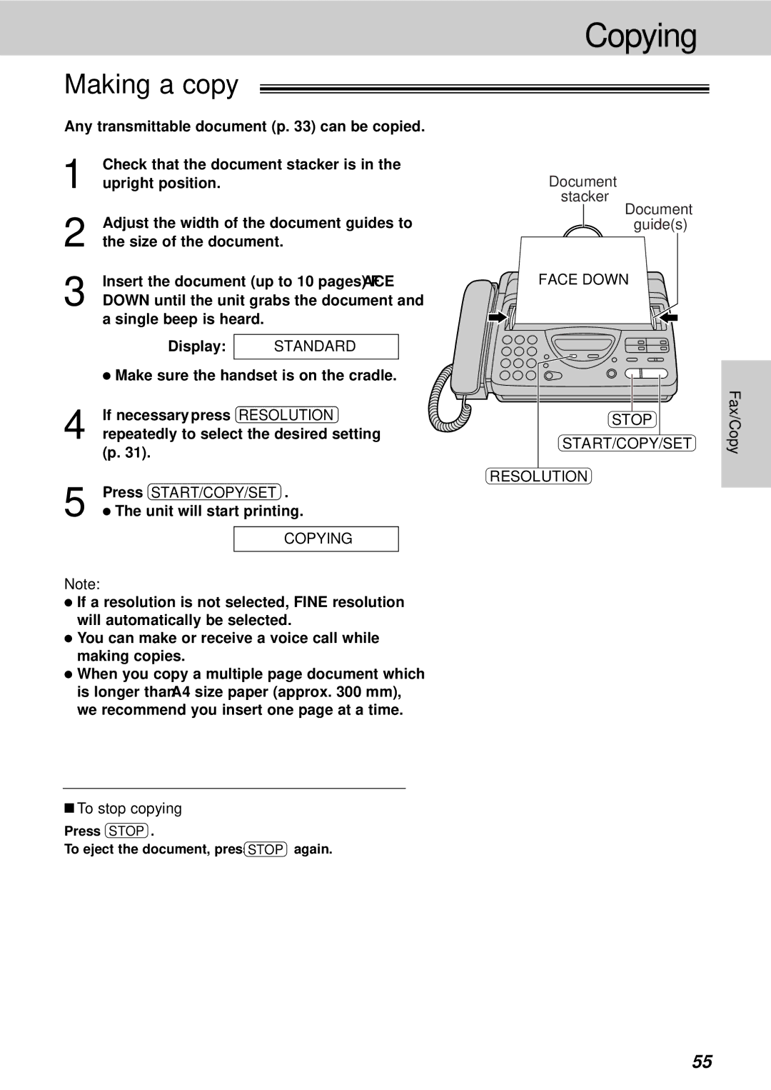 Panasonic KX-FT21HK operating instructions Copying, Making a copy, To stop copying, Stop START/COPY/SET Resolution 