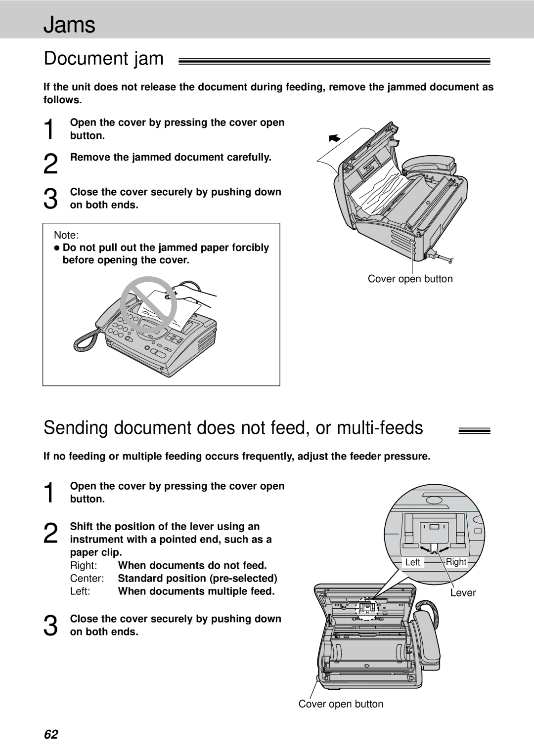 Panasonic KX-FT21HK operating instructions Document jam, Sending document does not feed, or multi-feeds 