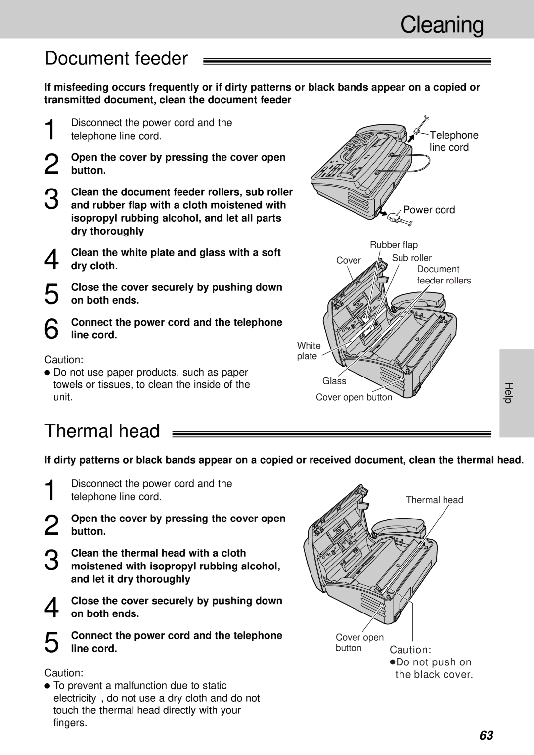 Panasonic KX-FT21HK Cleaning, Document feeder, Thermal head, Button Caution Do not push on the black cover 