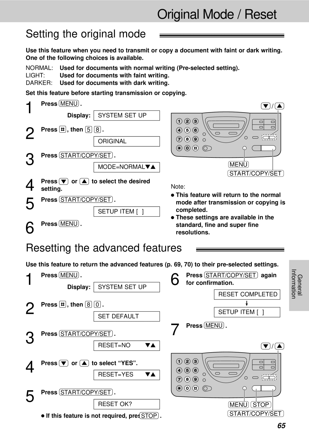 Panasonic KX-FT21HK Original Mode / Reset, Setting the original mode, Resetting the advanced features, Start /COPY/SET 