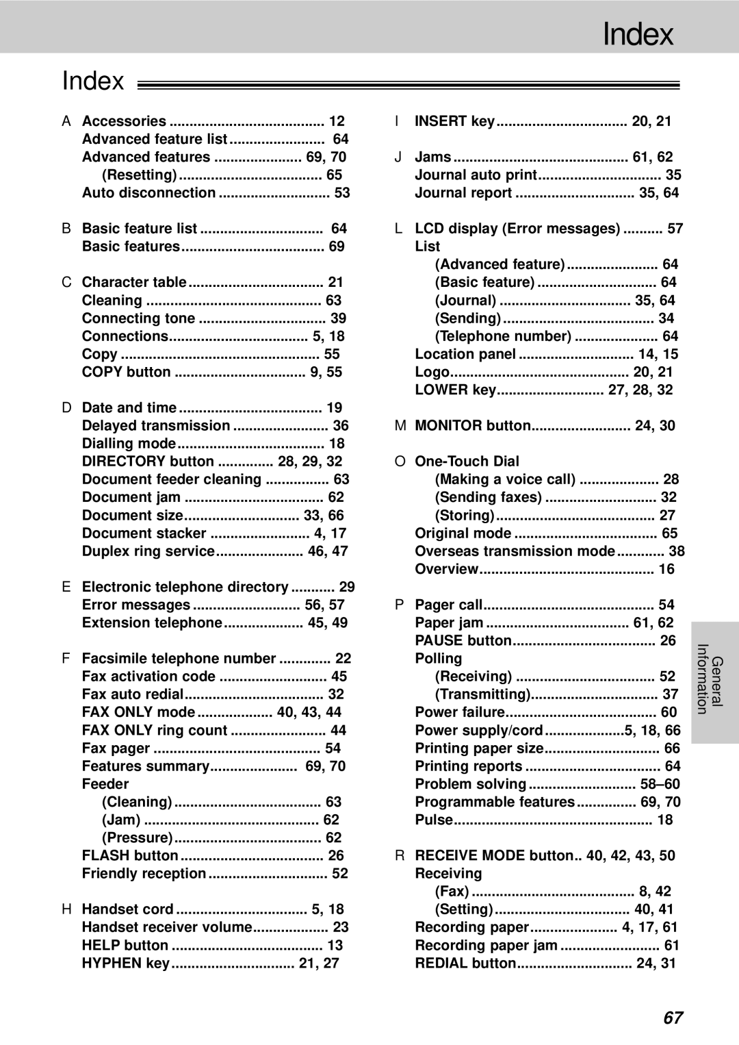 Panasonic KX-FT21HK operating instructions Index 