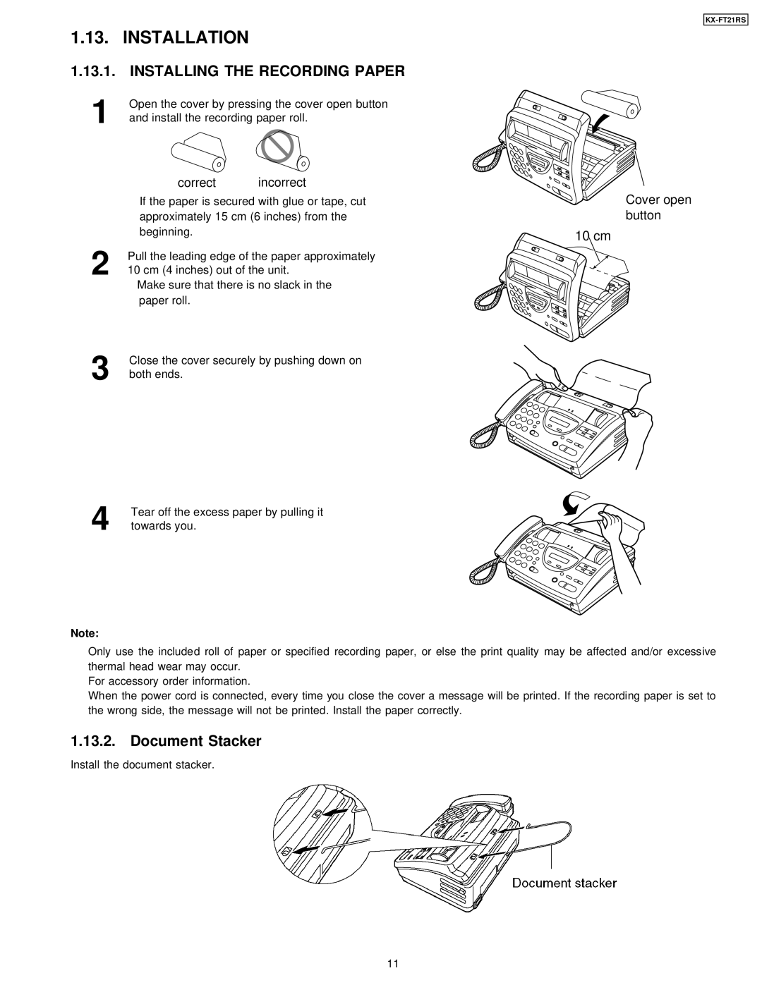 Panasonic KX-FT21RS manual Installation, Installing the Recording Paper, Document Stacker 