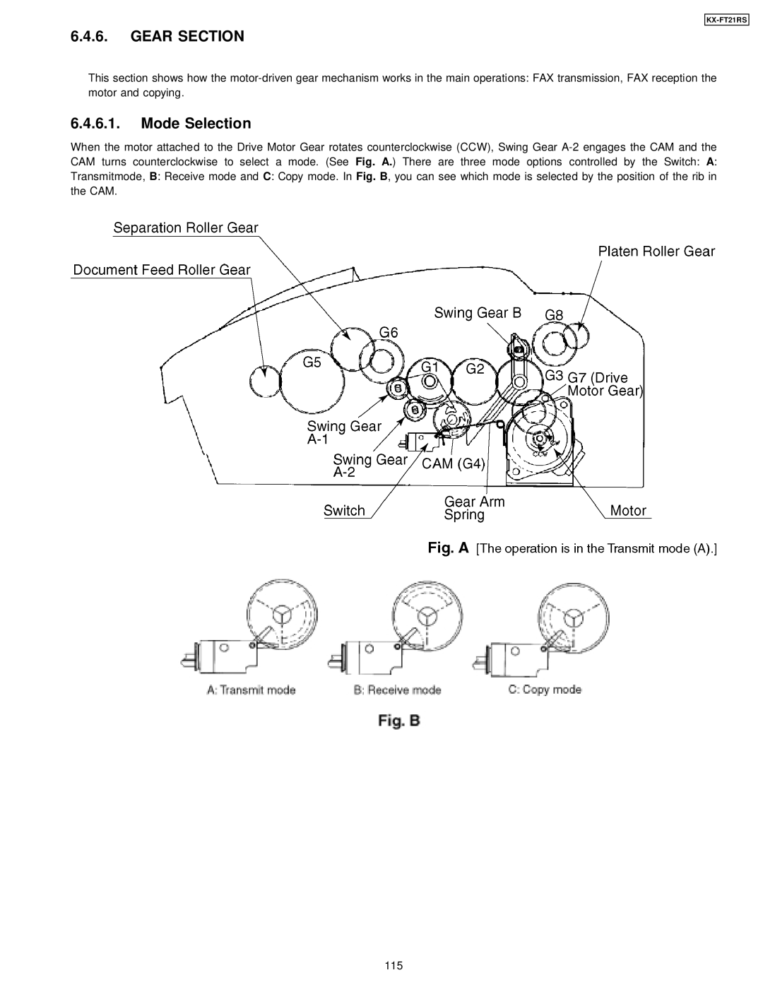 Panasonic KX-FT21RS manual Gear Section, Mode Selection 