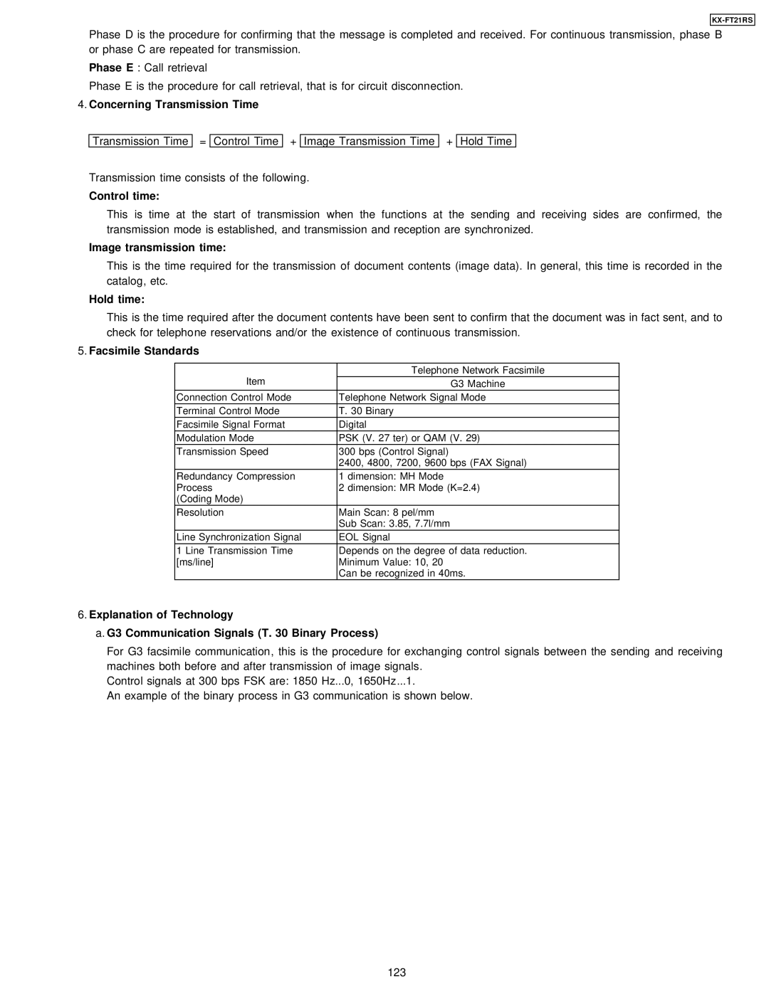 Panasonic KX-FT21RS Concerning Transmission Time, Control time, Image transmission time, Hold time, Facsimile Standards 