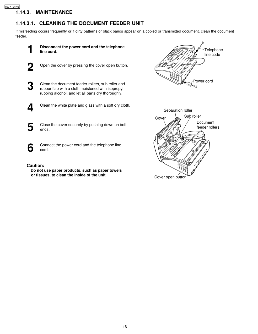 Panasonic KX-FT21RS Maintenance Cleaning the Document Feeder Unit, Disconnect the power cord and the telephone, Line cord 