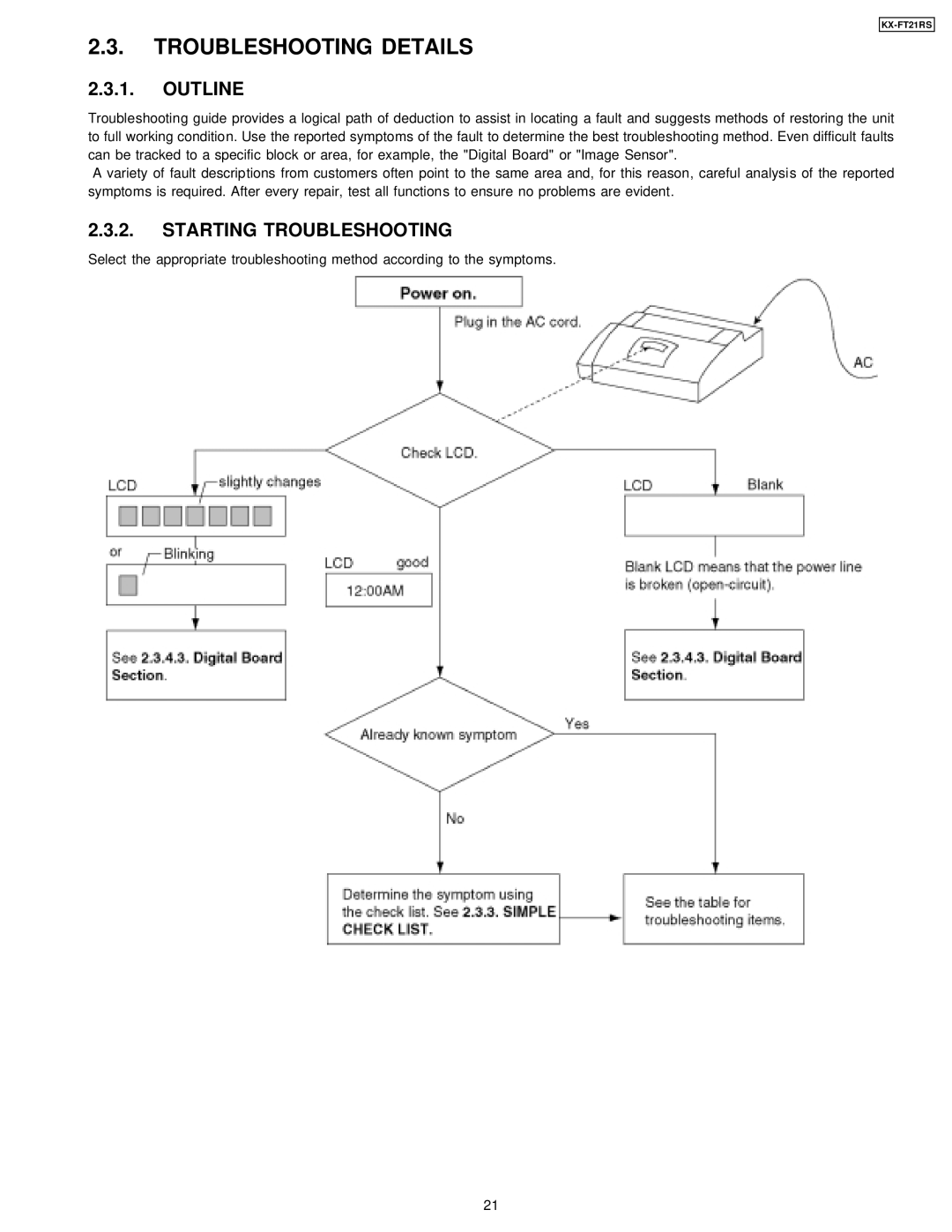 Panasonic KX-FT21RS manual Troubleshooting Details, Starting Troubleshooting 