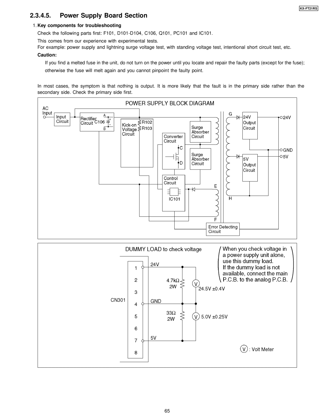 Panasonic KX-FT21RS manual Power Supply Board Section, Key components for troubleshooting 