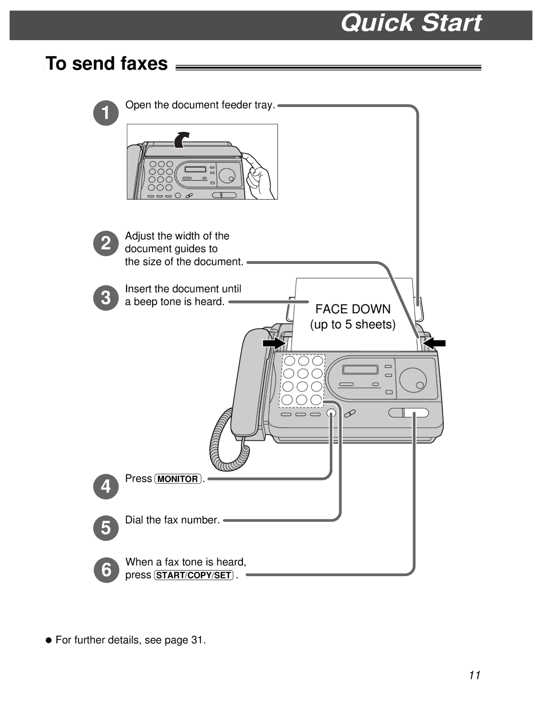 Panasonic KX-FT31BX quick start To send faxes, Press Monitor 