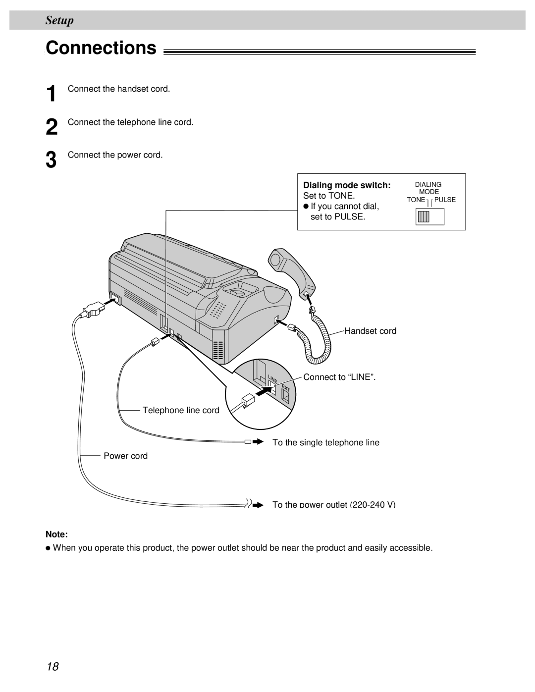 Panasonic KX-FT31BX quick start Connections, Dialing mode switch 