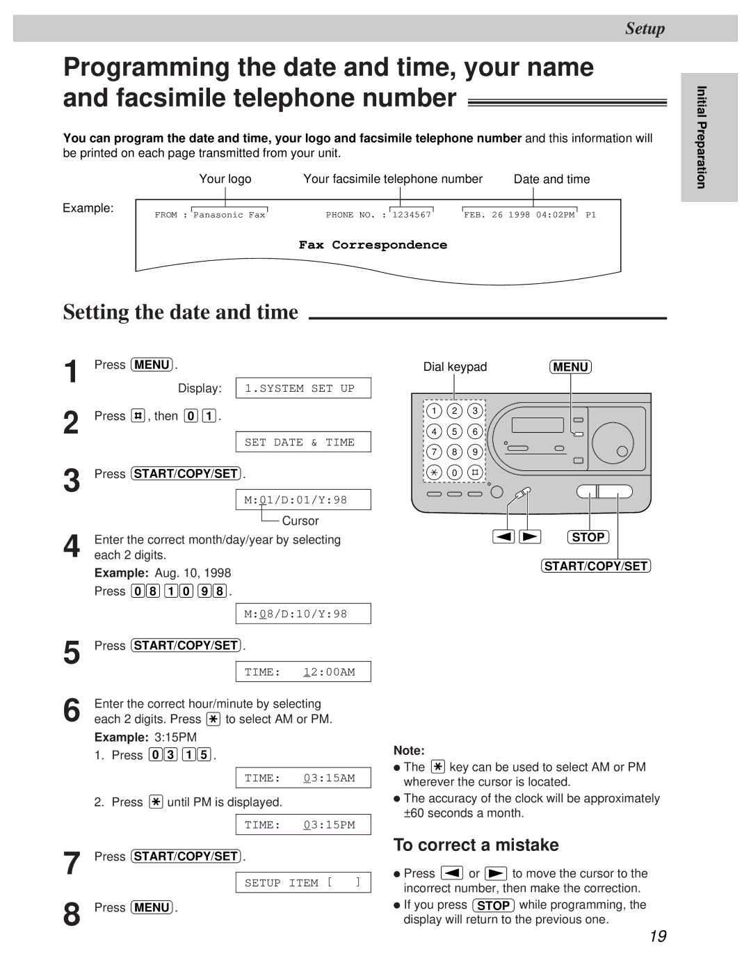 Panasonic KX-FT31BX quick start Setting the date and time, To correct a mistake, Example 315PM 