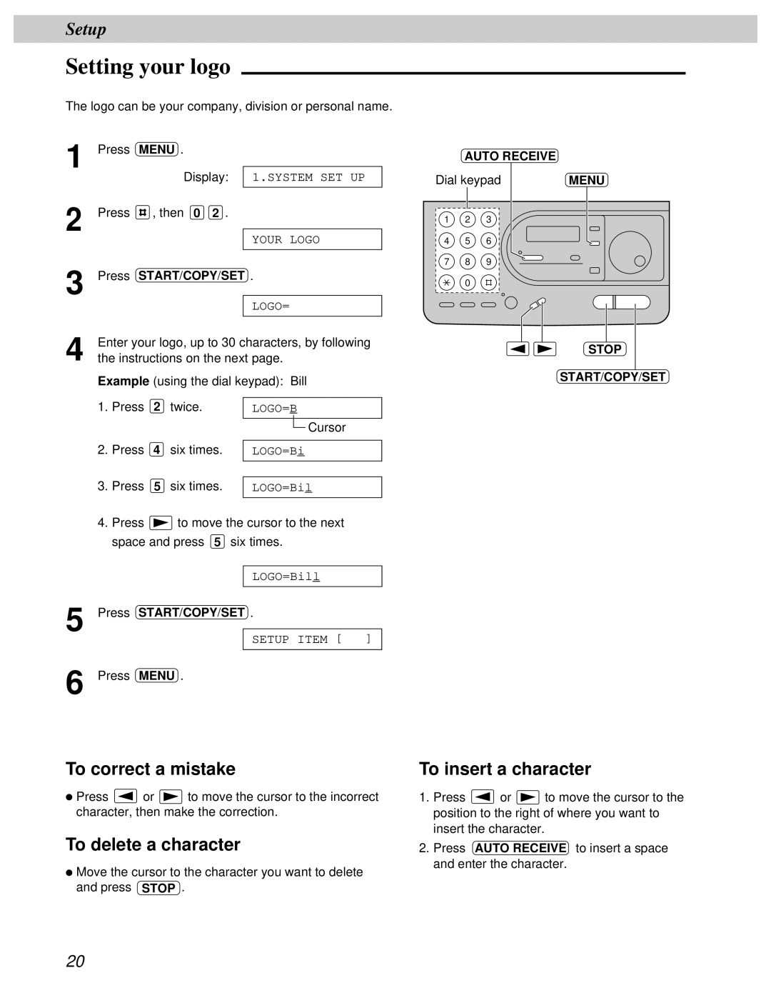 Panasonic KX-FT31BX quick start Setting your logo, To delete a character, To insert a character 