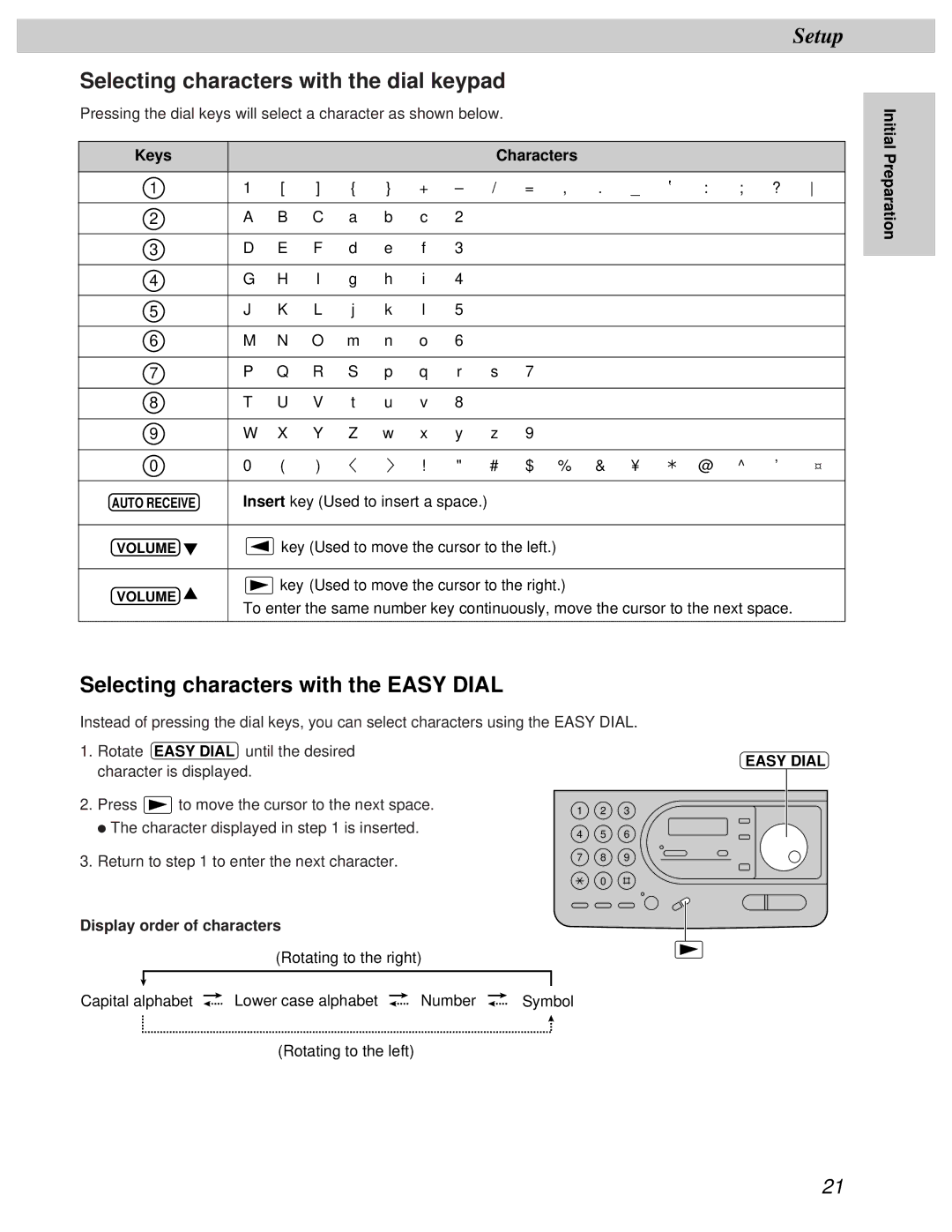 Panasonic KX-FT31BX Selecting characters with the dial keypad, Selecting characters with the Easy Dial, Keys Characters 