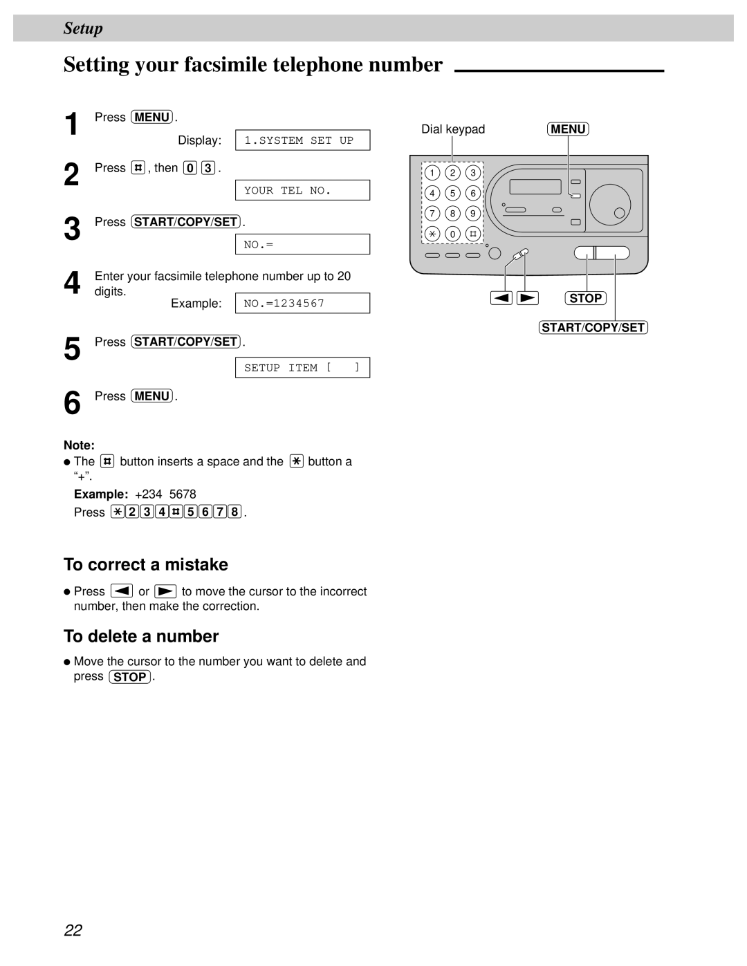 Panasonic KX-FT31BX quick start Setting your facsimile telephone number, To delete a number, Example +234 Press 2 3 4 5 6 7 