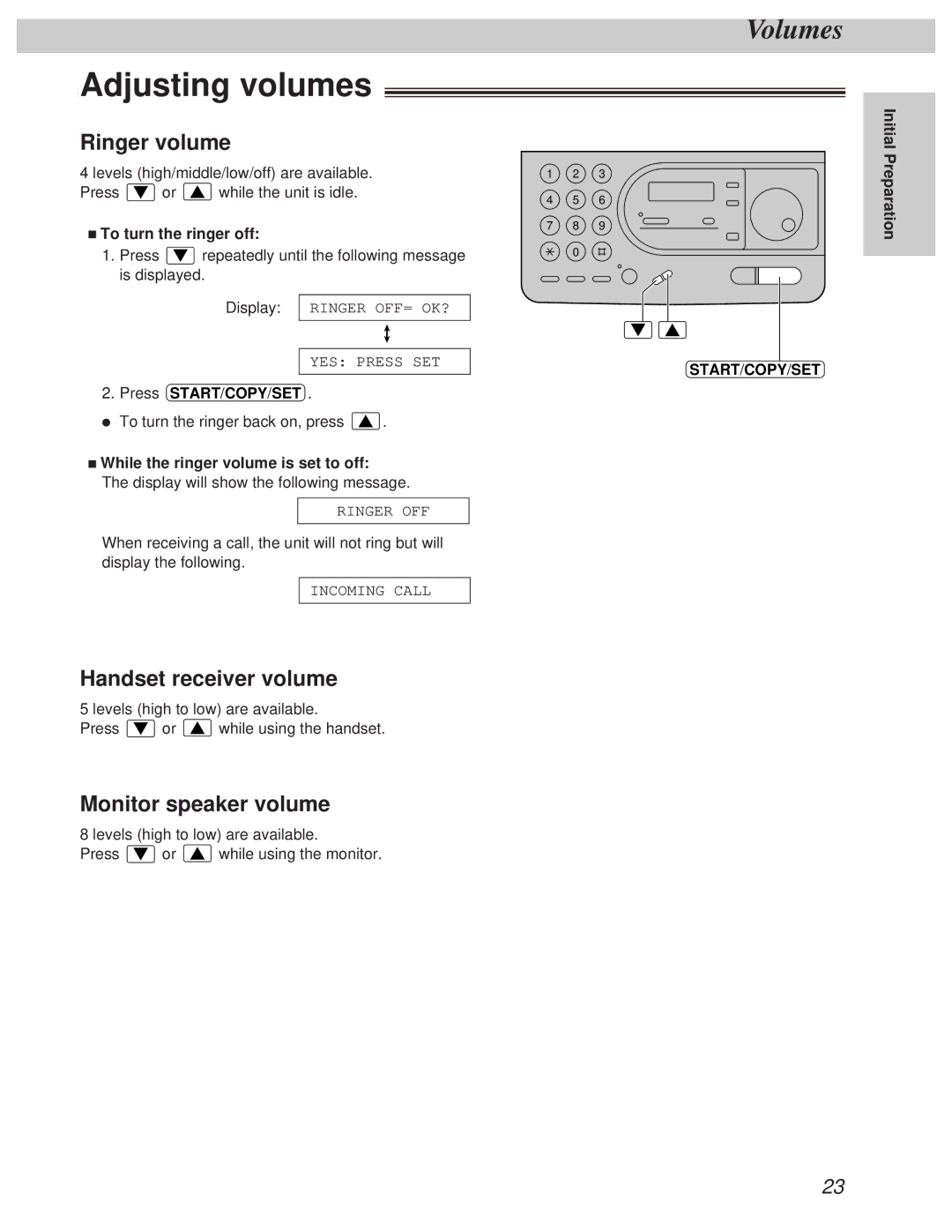 Panasonic KX-FT31BX quick start Adjusting volumes, Ringer volume, Handset receiver volume, Monitor speaker volume 