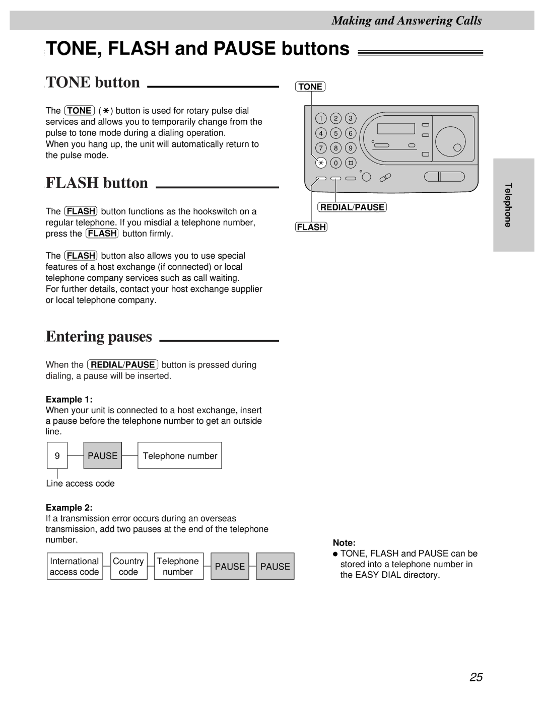 Panasonic KX-FT31BX quick start TONE, Flash and Pause buttons, Tone button, Flash button, Entering pauses, Example 