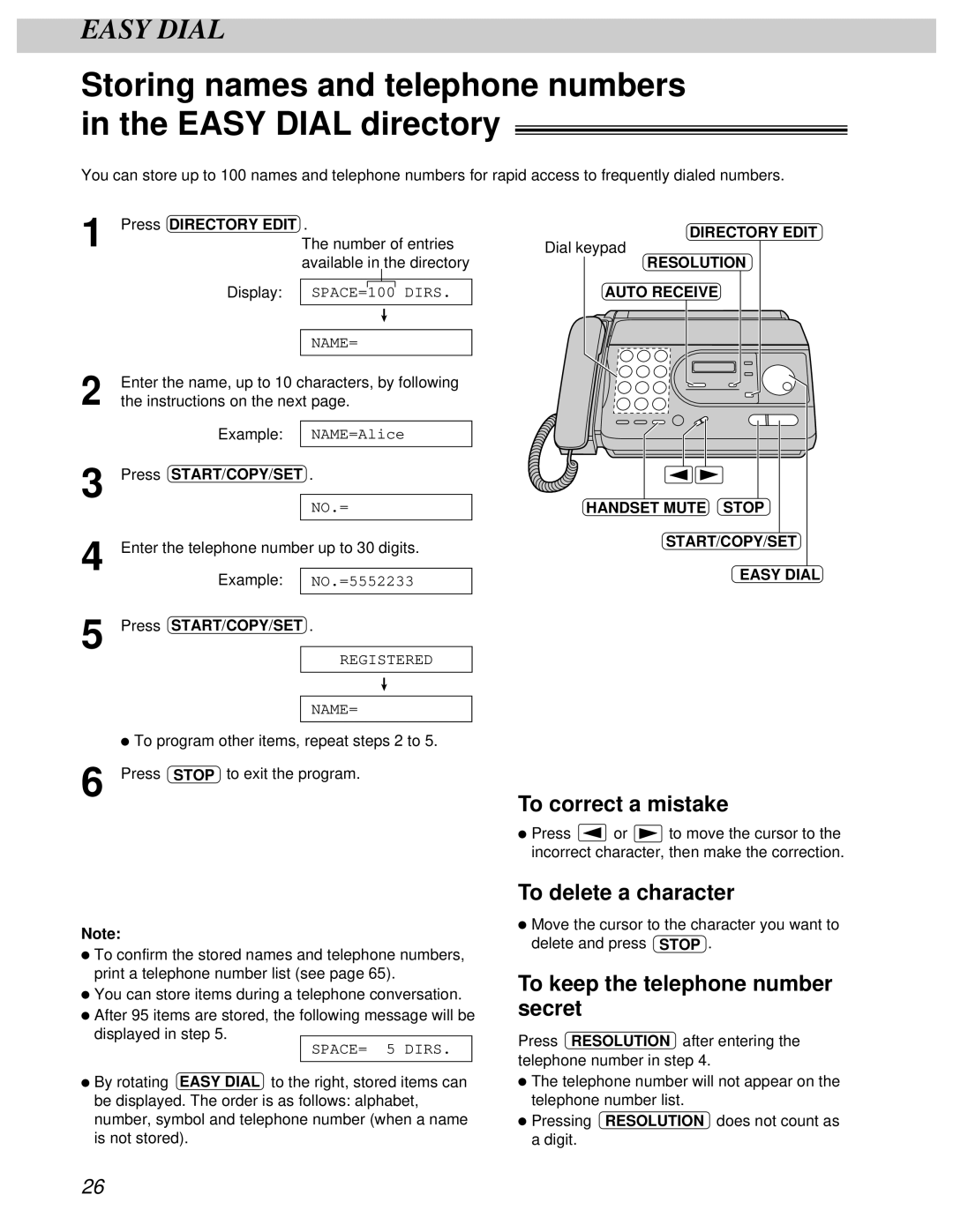 Panasonic KX-FT31BX quick start To keep the telephone number secret, Press Directory Edit 