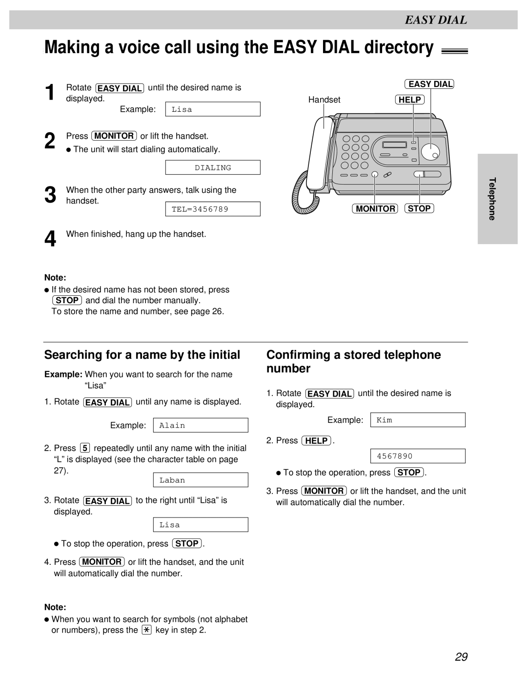 Panasonic KX-FT31BX quick start Making a voice call using the Easy Dial directory, Searching for a name by the initial 