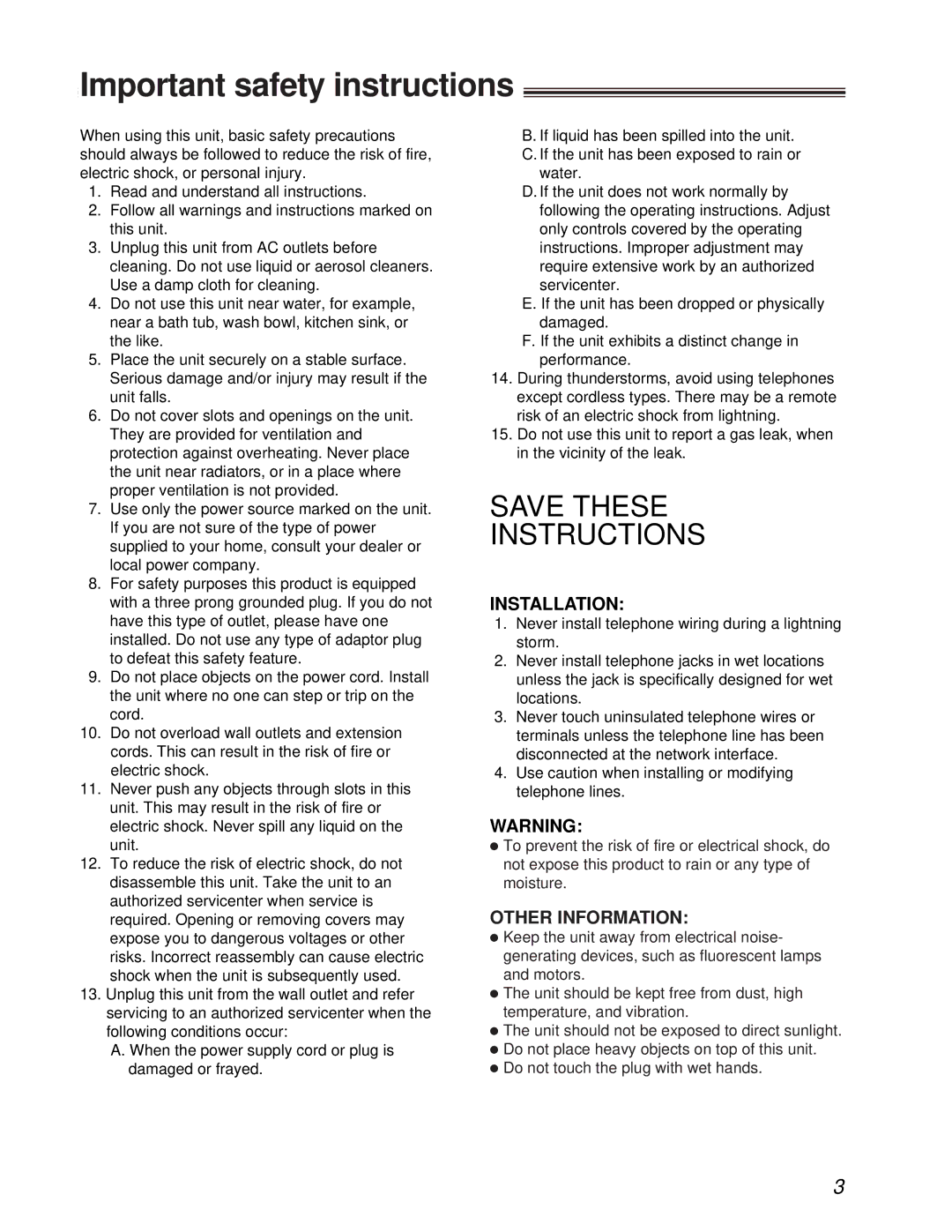 Panasonic KX-FT31BX quick start Important safety instructions, Save These Instructions 