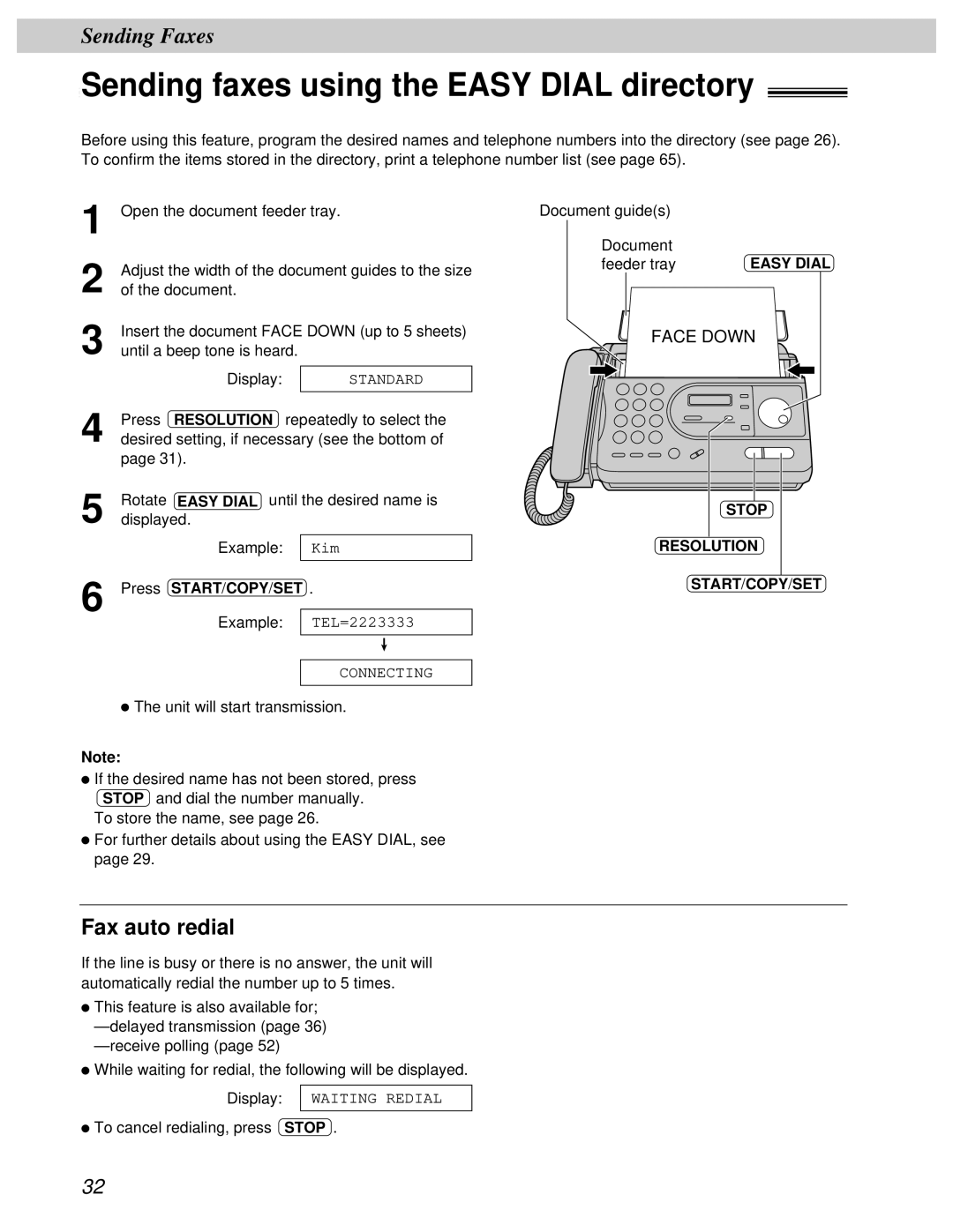 Panasonic KX-FT31BX quick start Sending faxes using the Easy Dial directory, Fax auto redial, Press Resolution 