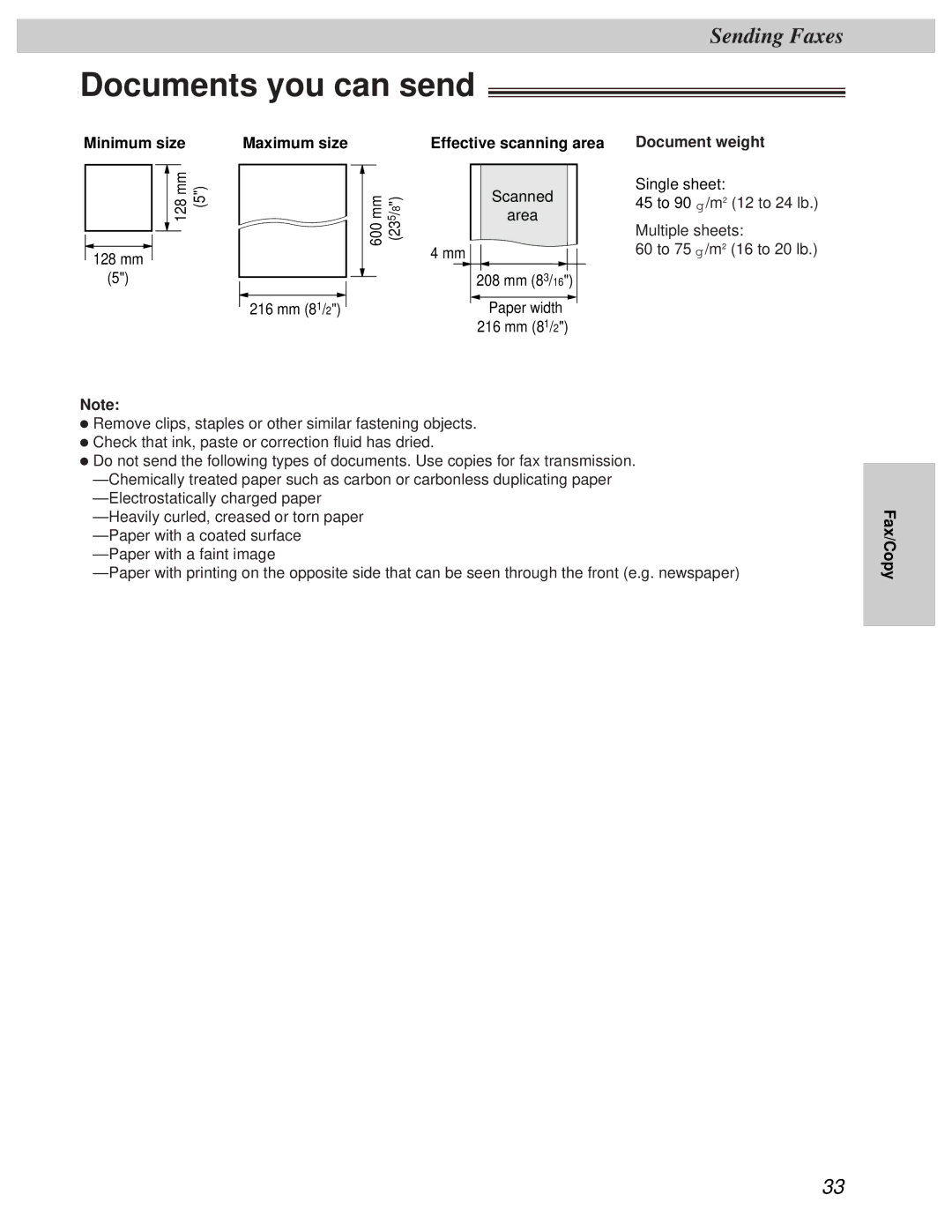 Panasonic KX-FT31BX quick start Documents you can send 