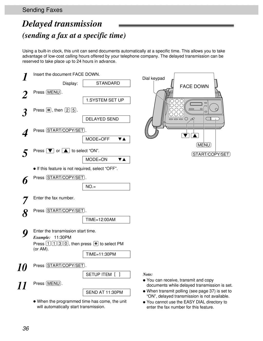 Panasonic KX-FT31BX quick start Delayed transmission, Sending a fax at a specific time, Example 1130PM 