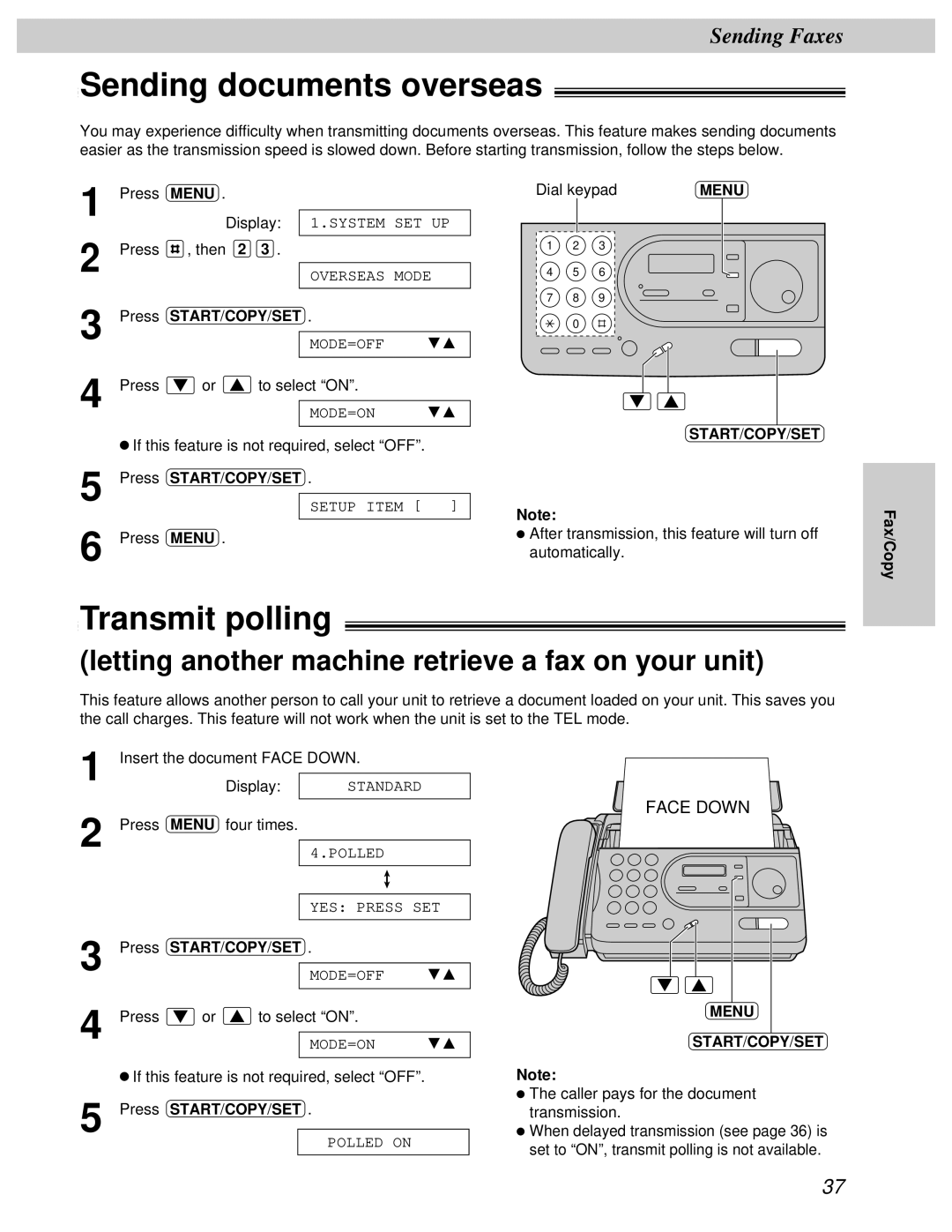 Panasonic KX-FT31BX Sending documents overseas, Transmit polling, Letting another machine retrieve a fax on your unit 