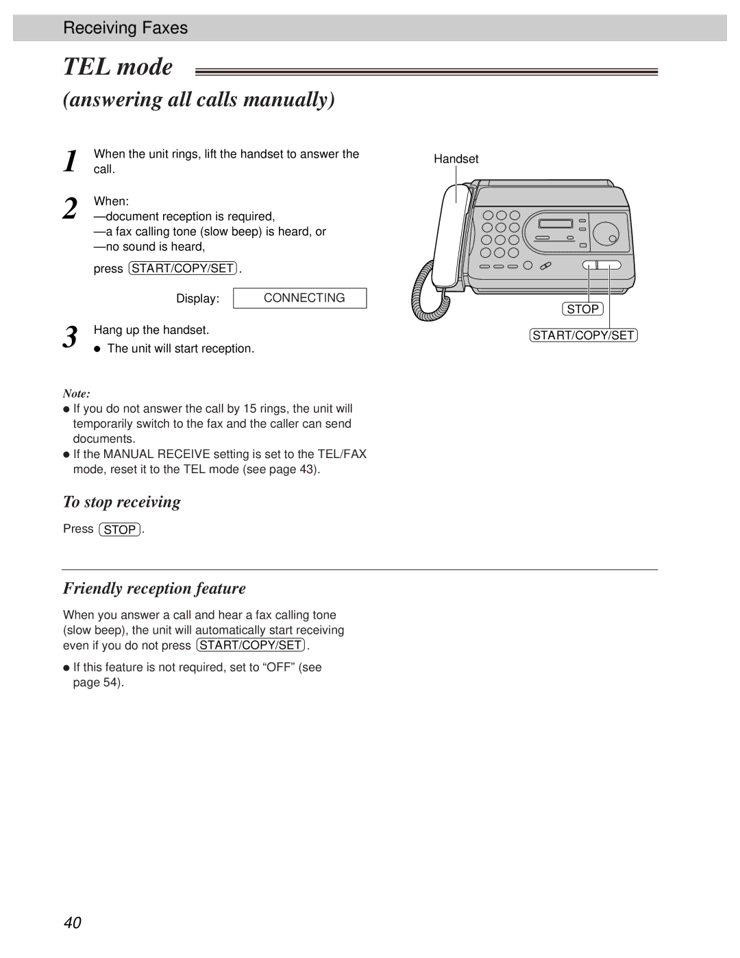 Panasonic KX-FT31BX quick start TEL mode, Answering all calls manually, To stop receiving, Friendly reception feature 