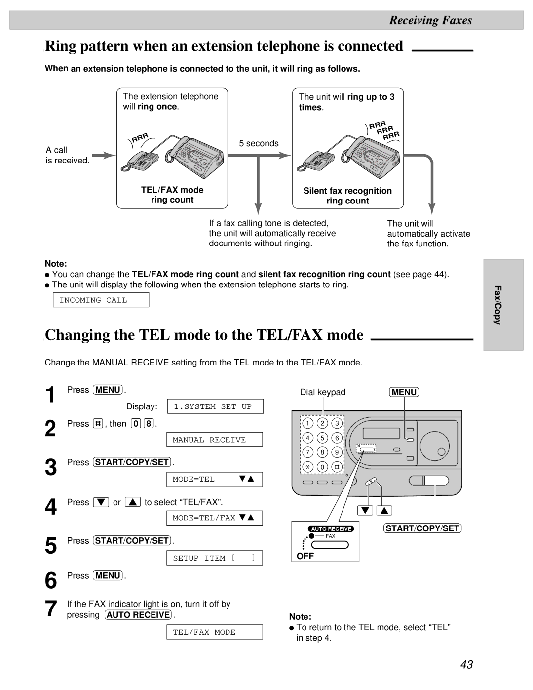 Panasonic KX-FT31BX Ring pattern when an extension telephone is connected, Changing the TEL mode to the TEL/FAX mode 