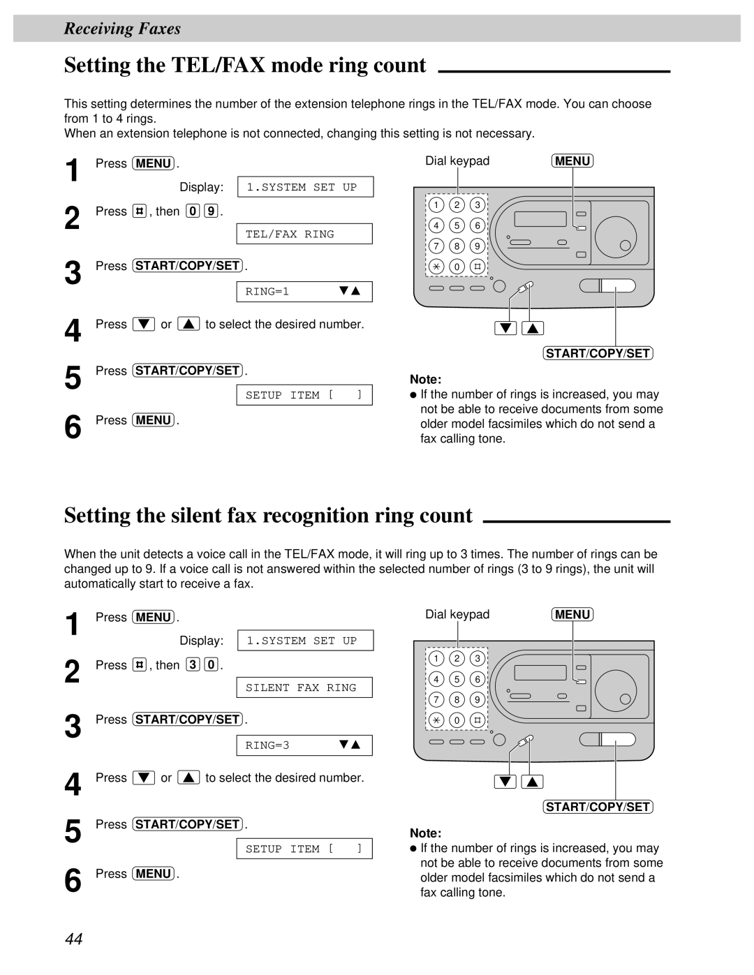 Panasonic KX-FT31BX quick start Setting the TEL/FAX mode ring count, Setting the silent fax recognition ring count 