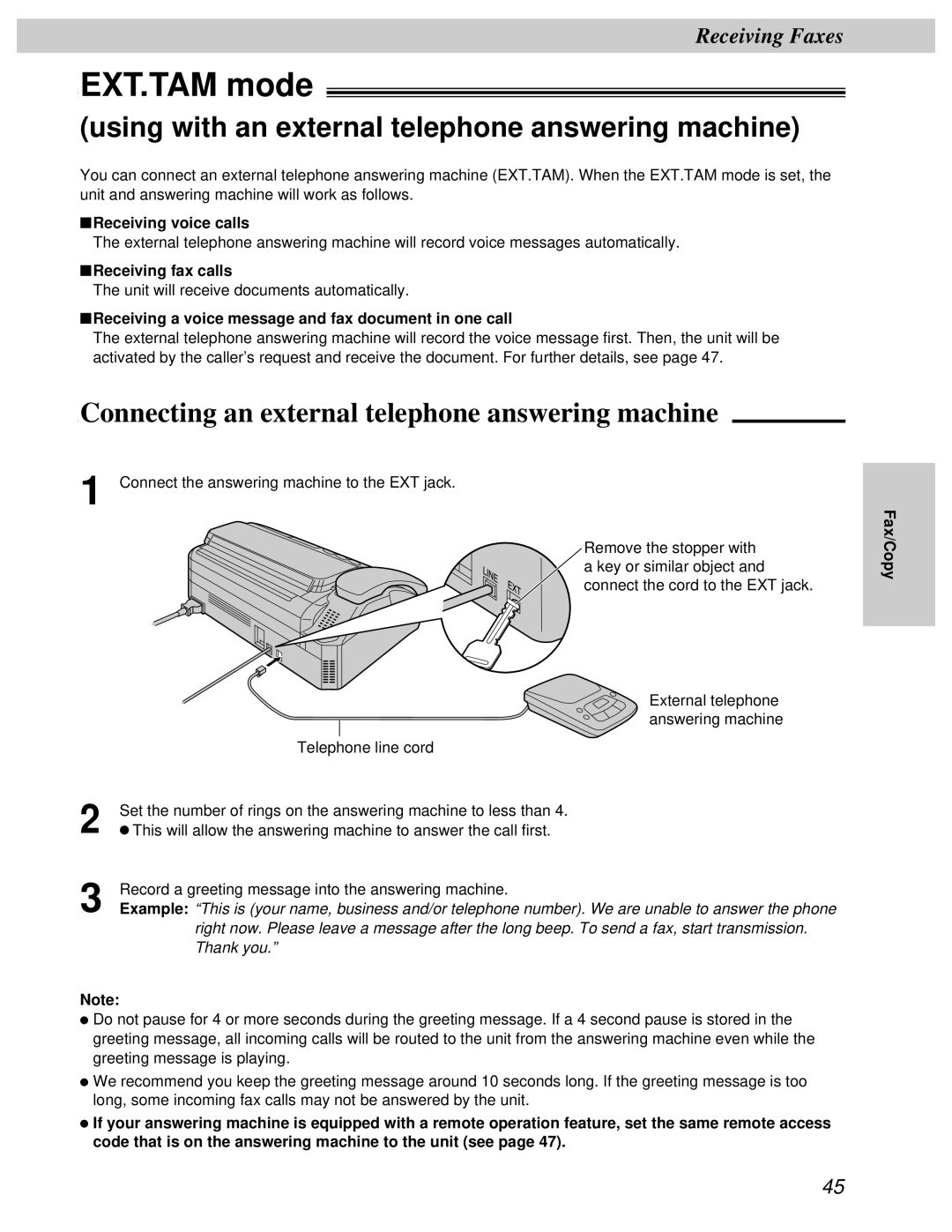 Panasonic KX-FT31BX quick start EXT.TAM mode, Using with an external telephone answering machine 