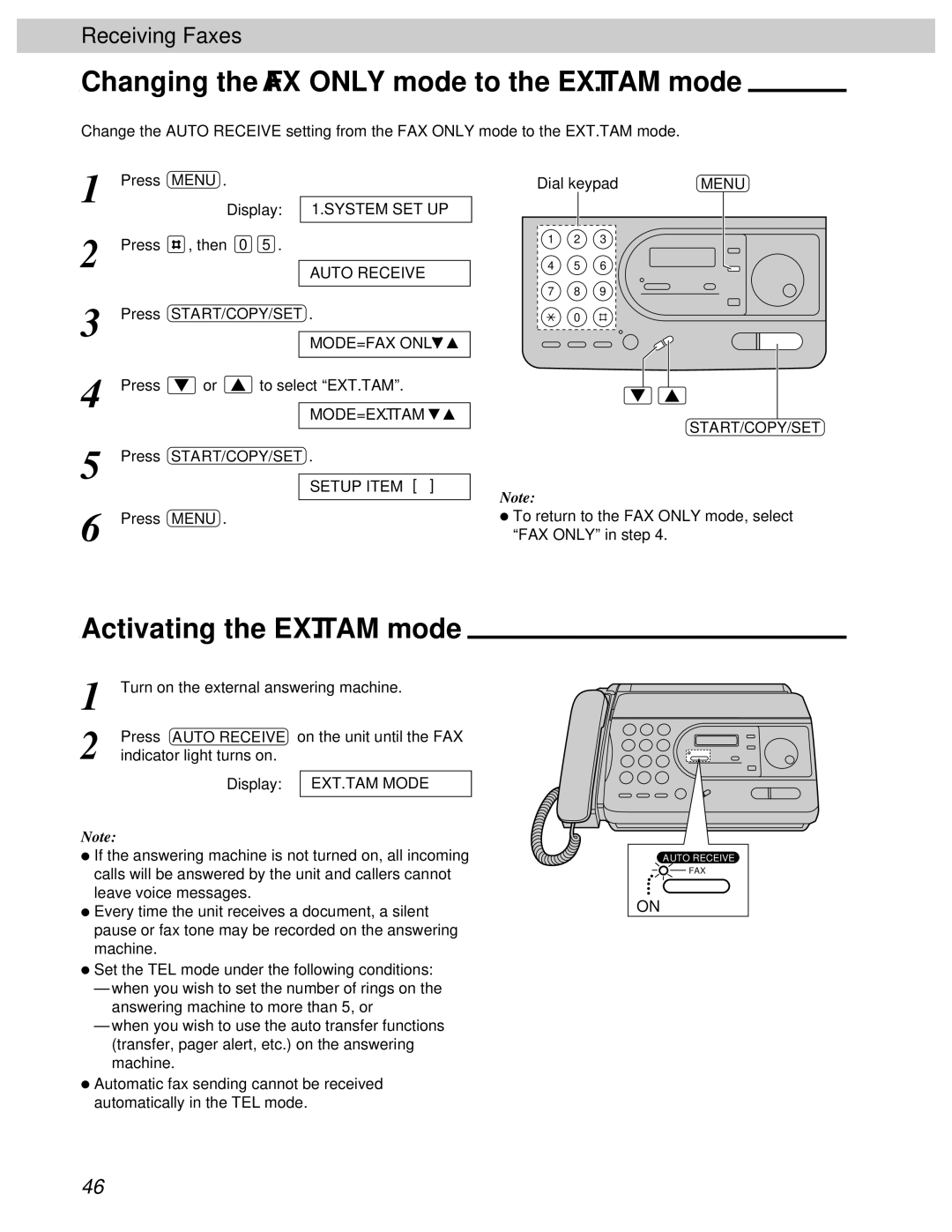 Panasonic KX-FT31BX Changing the FAX only mode to the EXT.TAM mode, Activating the EXT.TAM mode, Press Auto Receive 