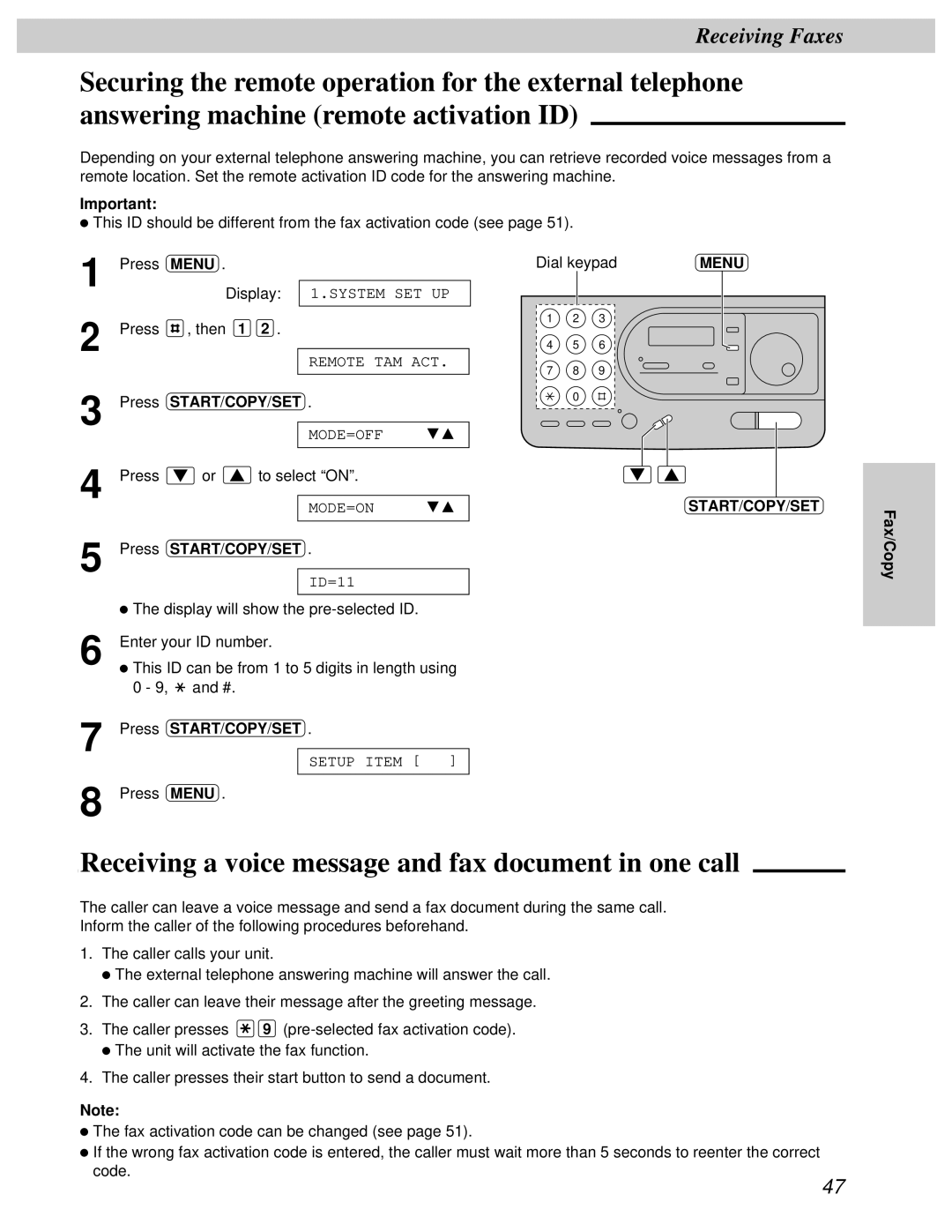 Panasonic KX-FT31BX quick start Receiving a voice message and fax document in one call, Press START/COPY/SET 