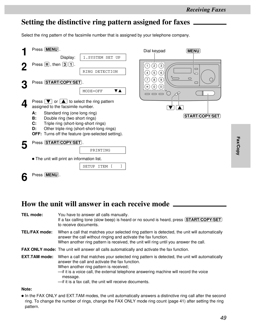 Panasonic KX-FT31BX Setting the distinctive ring pattern assigned for faxes, How the unit will answer in each receive mode 