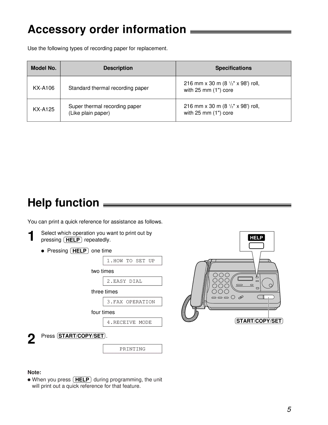 Panasonic KX-FT31BX Accessory order information, Help function, Model No Description Specifications, Press START/COPY/SET 