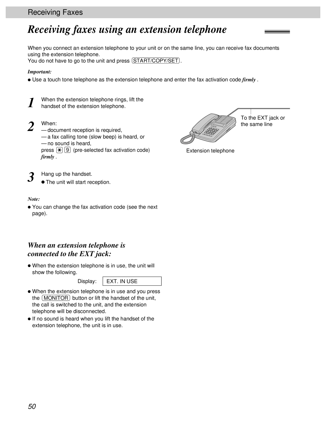 Panasonic KX-FT31BX Receiving faxes using an extension telephone, When an extension telephone is connected to the EXT jack 