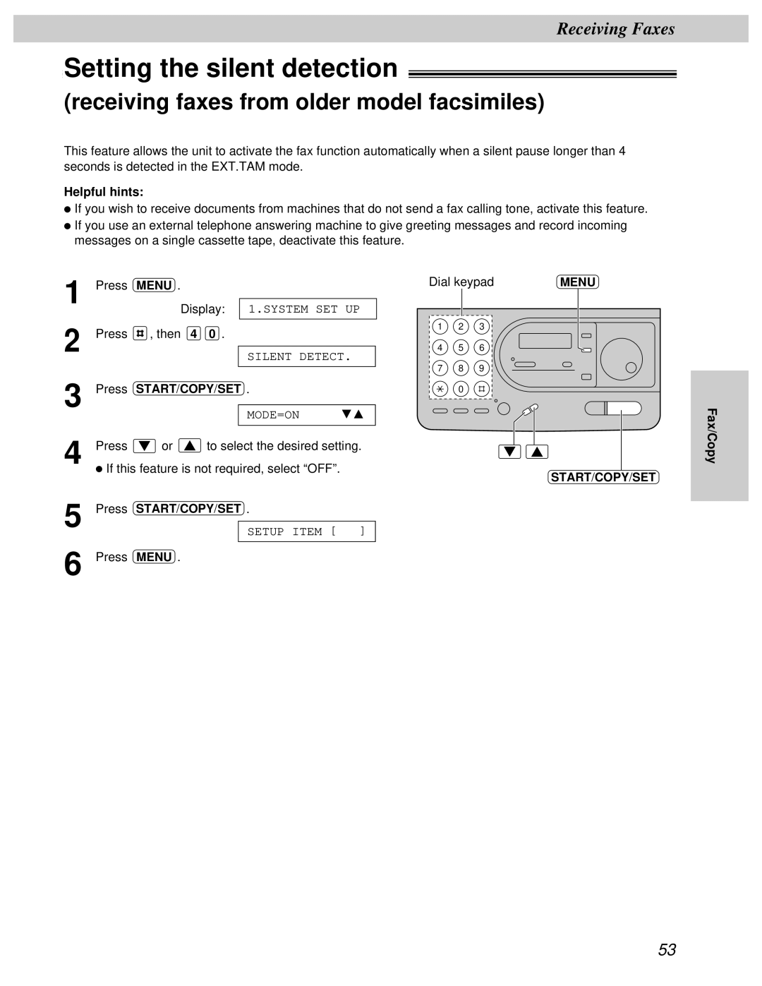 Panasonic KX-FT31BX quick start Setting the silent detection, Receiving faxes from older model facsimiles 