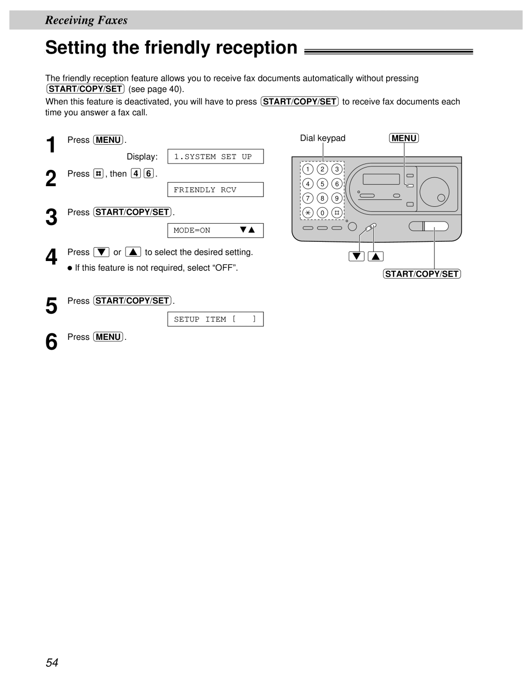 Panasonic KX-FT31BX quick start Setting the friendly reception 