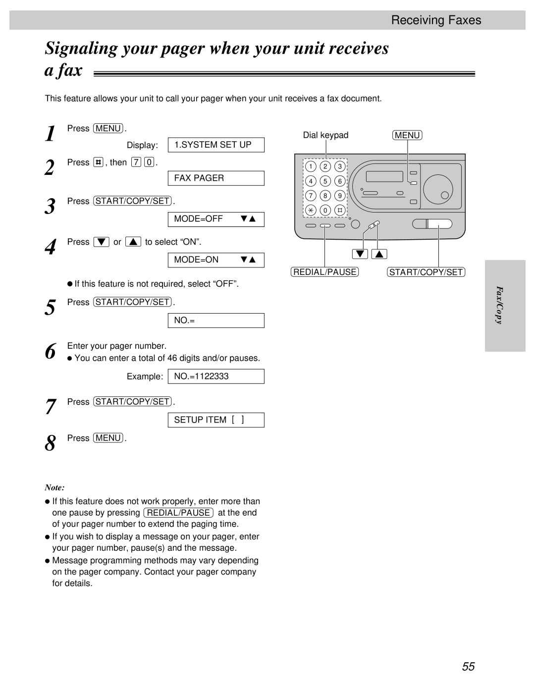 Panasonic KX-FT31BX quick start Signaling your pager when your unit receives a fax 