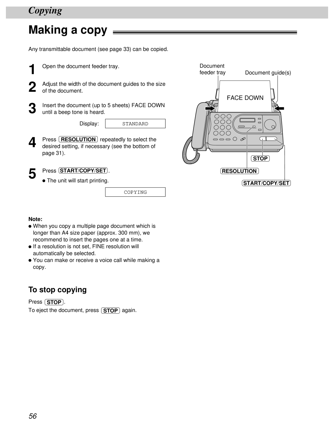 Panasonic KX-FT31BX quick start Making a copy, To stop copying 