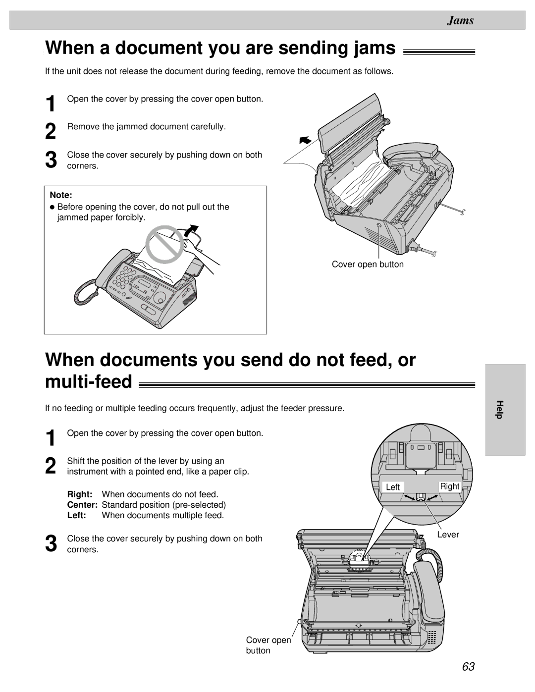 Panasonic KX-FT31BX When a document you are sending jams, When documents you send do not feed, or multi-feed, Right, Left 