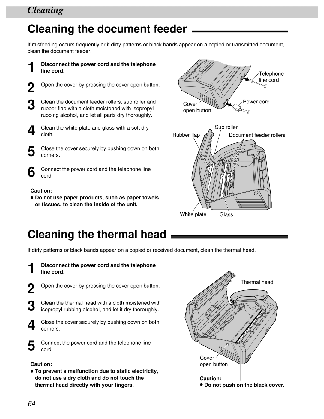 Panasonic KX-FT31BX Cleaning the document feeder, Cleaning the thermal head, Disconnect the power cord and the telephone 