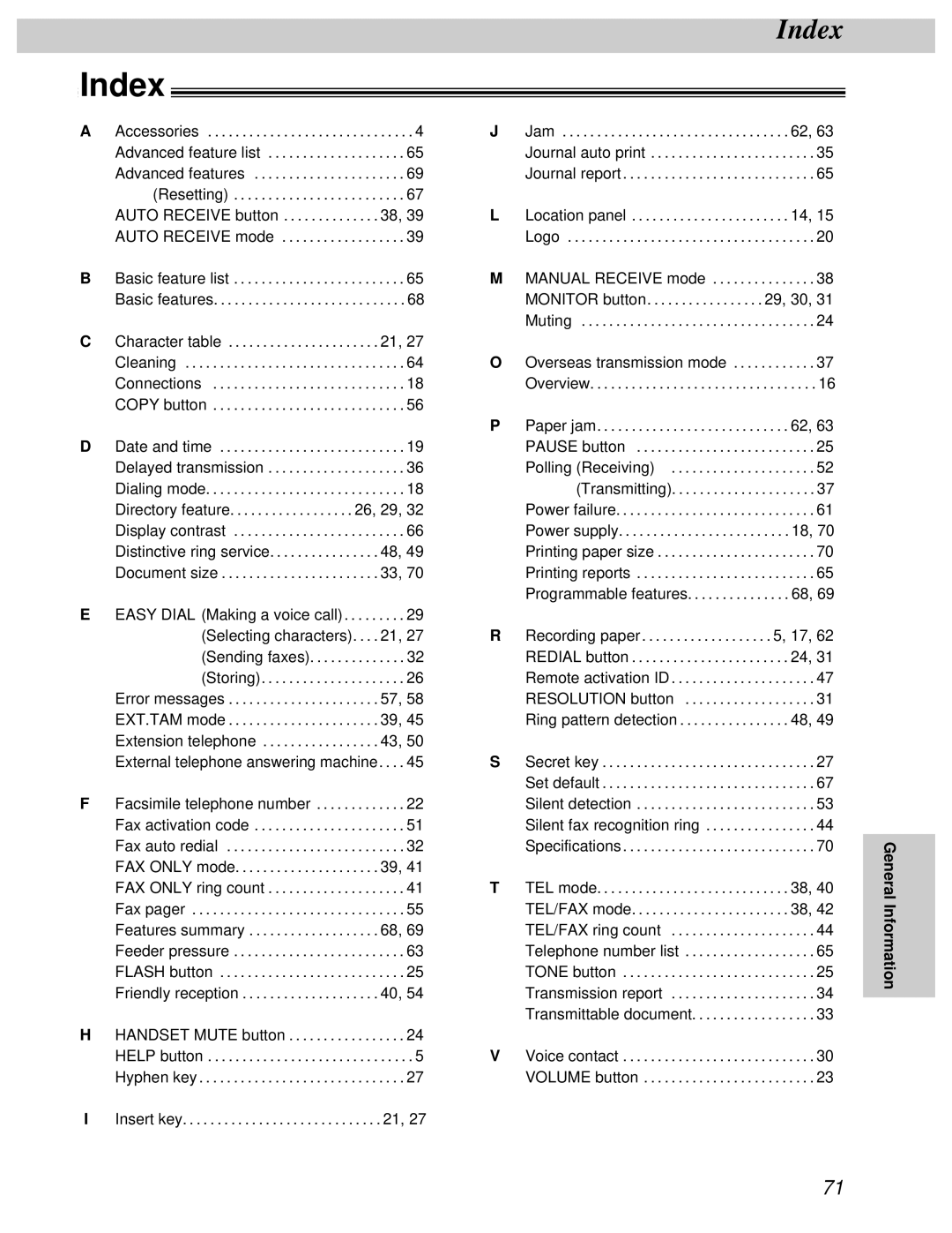 Panasonic KX-FT31BX quick start Index 