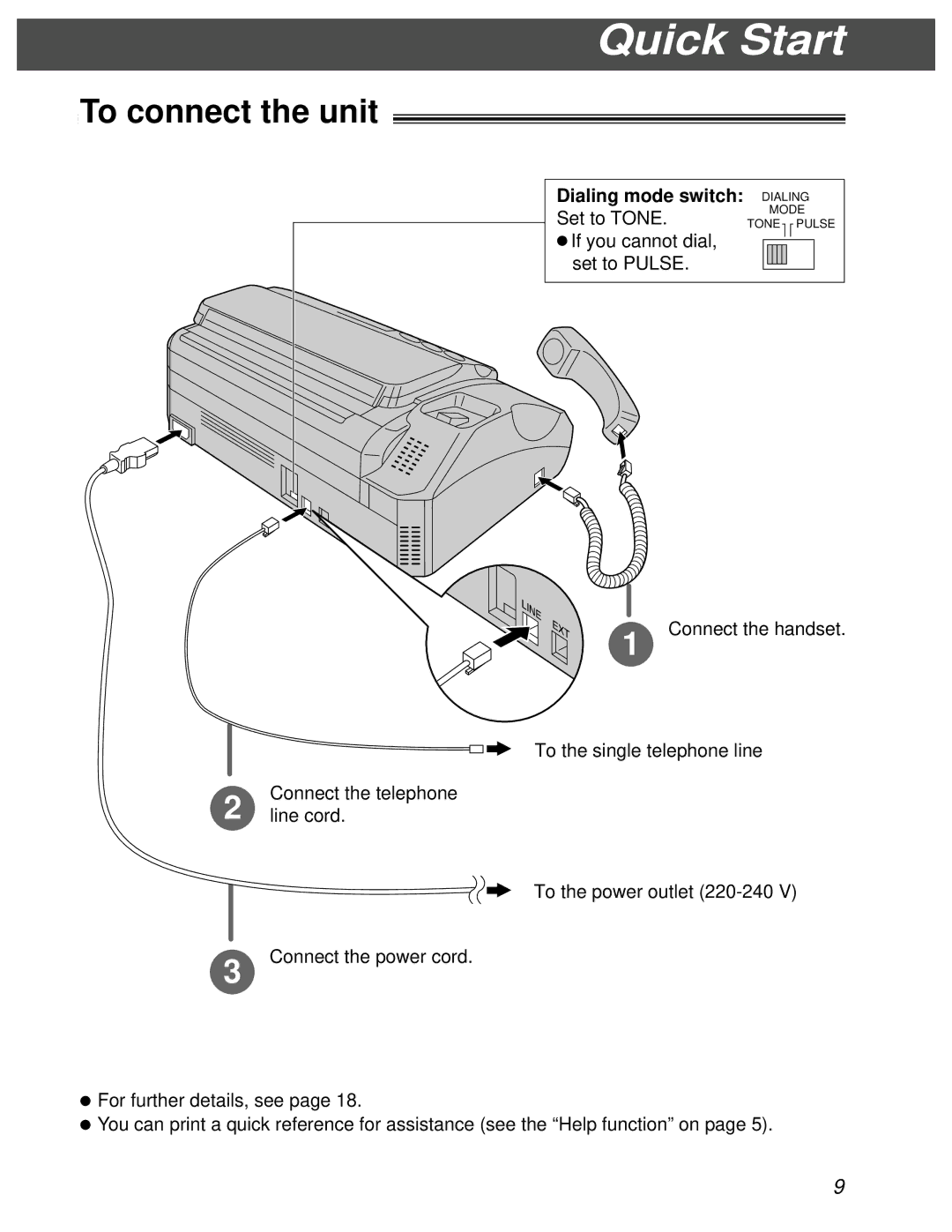 Panasonic KX-FT31BX quick start To connect the unit, Dialing mode switch 