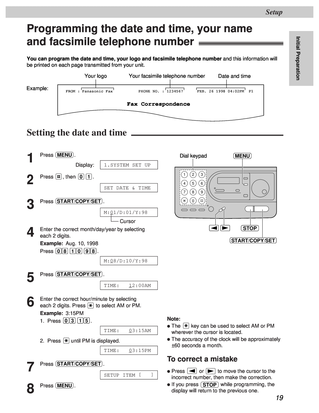 Panasonic KX-FT31BX quick start Setting the date and time, To correct a mistake, Setup, Fax Correspondence 