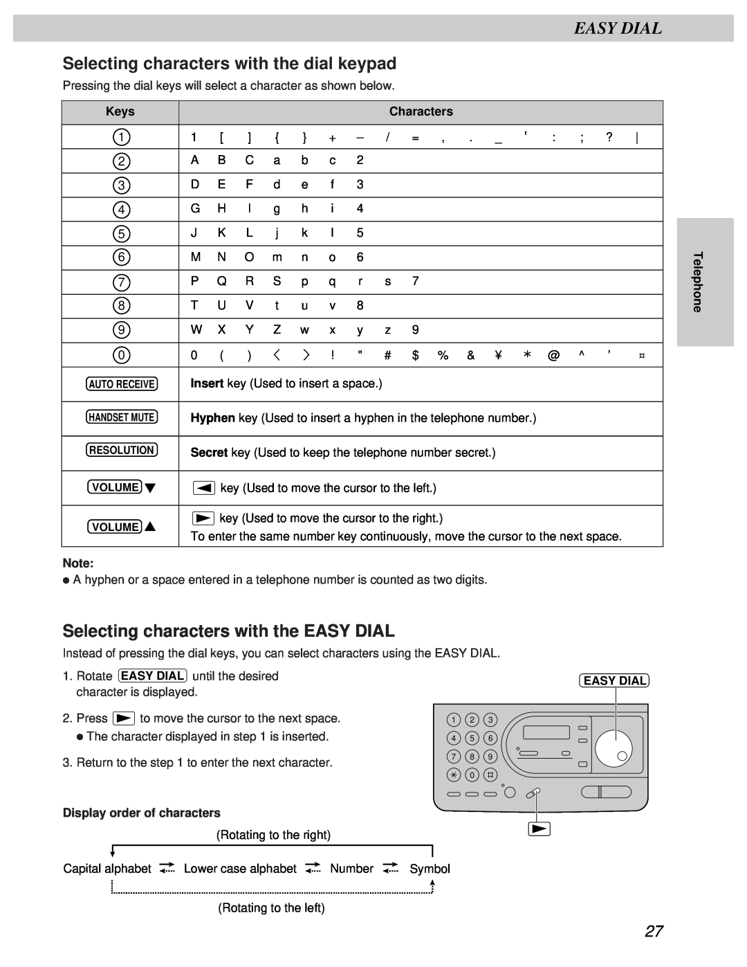 Panasonic KX-FT31BX Easy Dial, Selecting characters with the dial keypad, Selecting characters with the EASY DIAL 